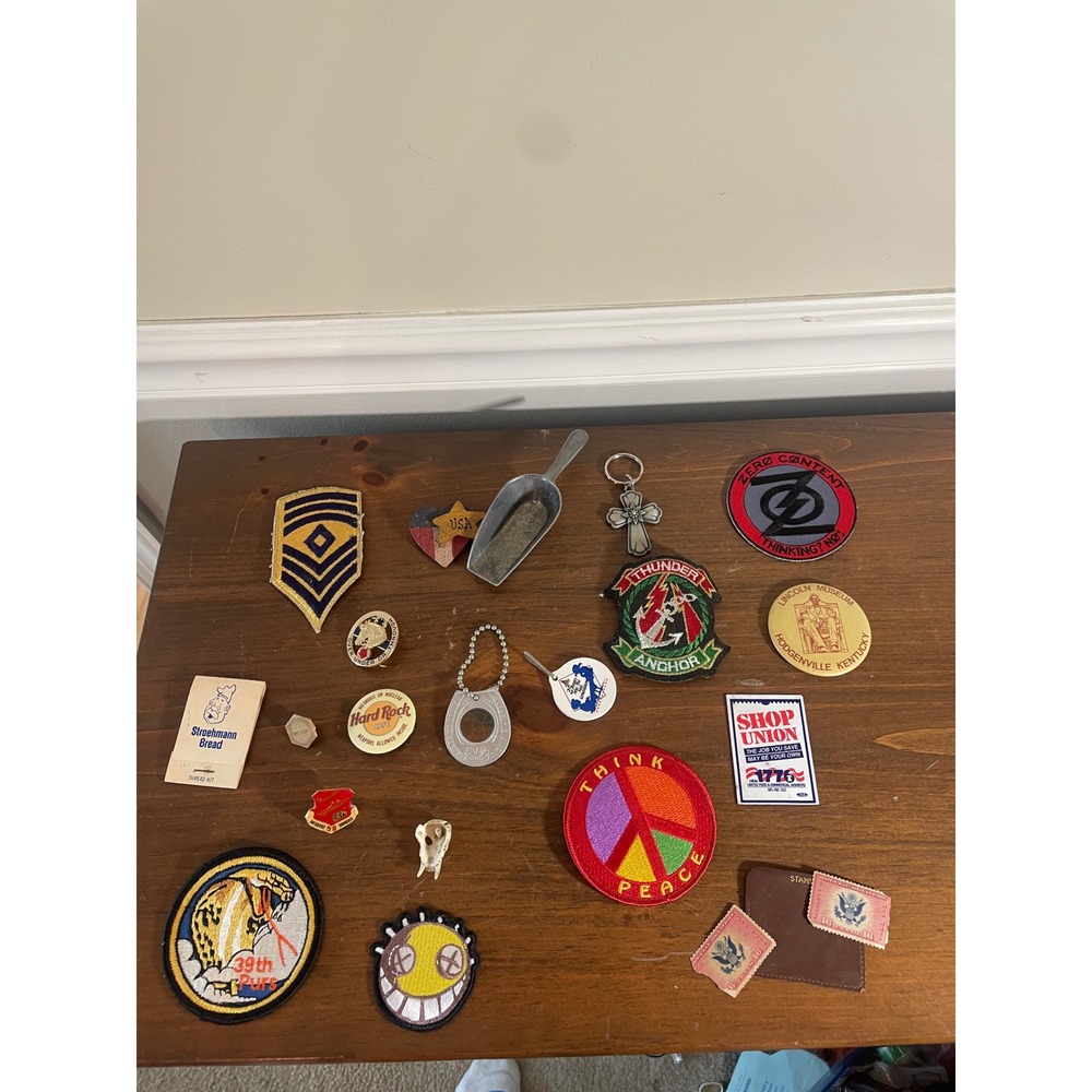 Vintage Collectible Lot Military Patches Pins Hard Rock Cafe Desert Shield Peace
